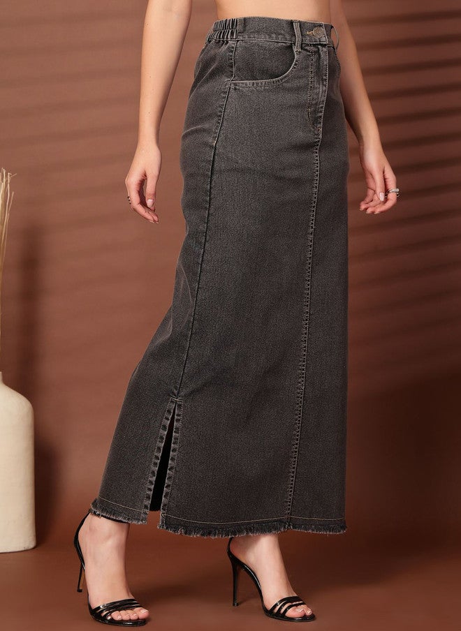 PlusS Charcoal Denim A-Line Maxi Skirt for Women - Image 2