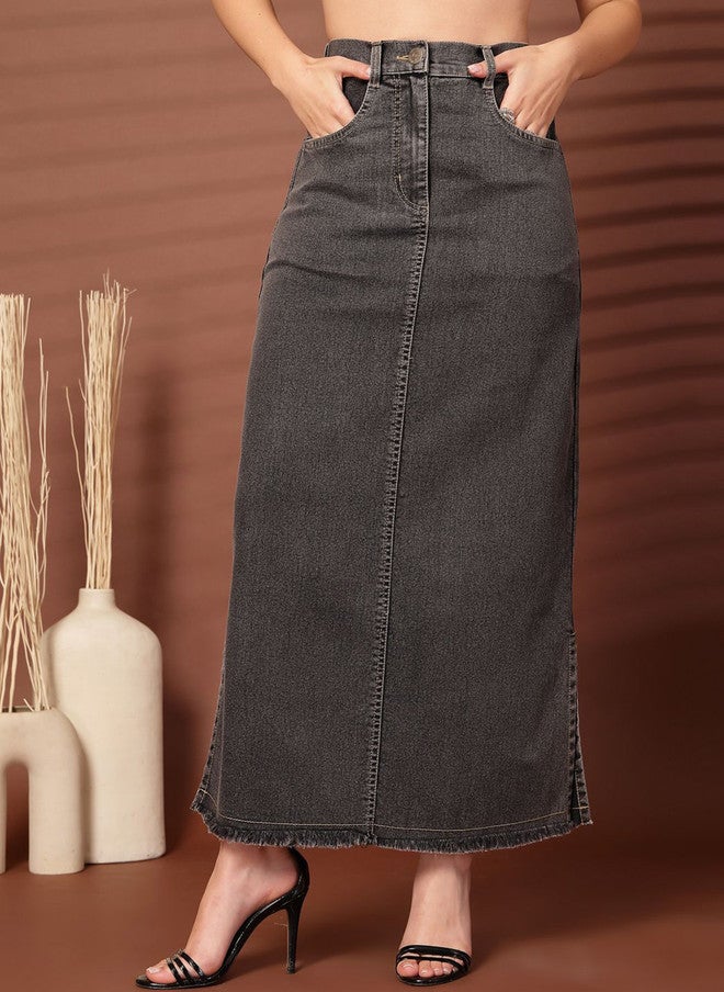 PlusS Charcoal Denim A-Line Maxi Skirt for Women - Image 1