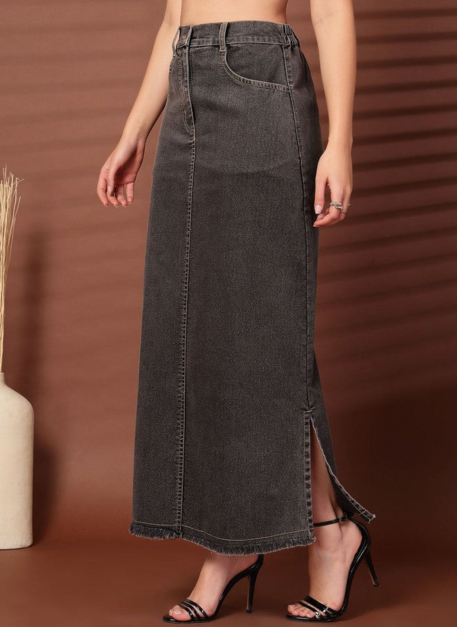 PlusS Charcoal Denim A-Line Maxi Skirt for Women - Image 3