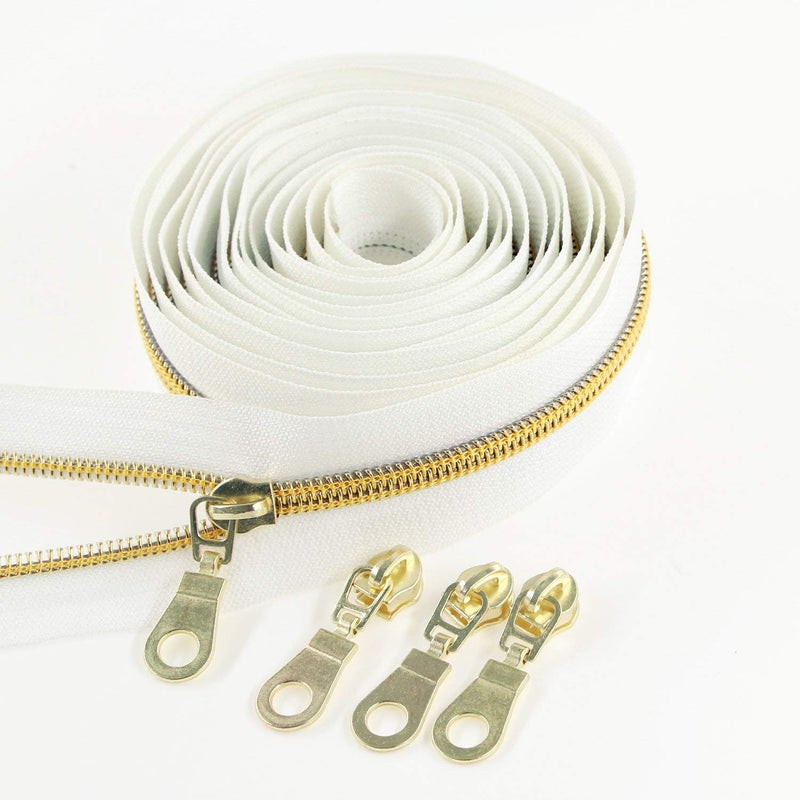 Leekayer White Nylon Zipper 5 Gold Metallic Nylon Coil Teeth Zipper by The Yards Bulk 10 Yards Tape with 25pcs Gold Sliders for DIY Sewing Tailor Craft BagWhite