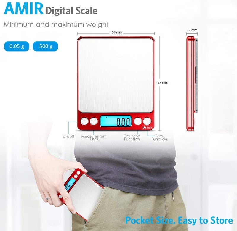 AMIR Upgraded Digital Kitchen Scale, 500g Mini Pocket Jewelry Scale, Cooking Food Scale with Back-Lit LCD Display, 2 Trays, 6 Units, Auto Off, Tare, Stainless Steel (Batteries Included) - Image 3
