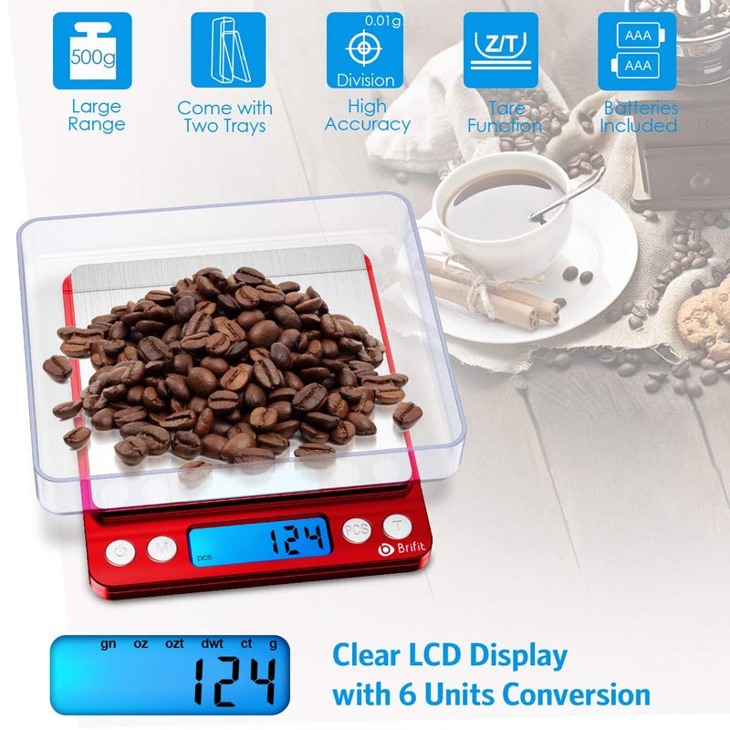 AMIR Upgraded Digital Kitchen Scale, 500g Mini Pocket Jewelry Scale, Cooking Food Scale with Back-Lit LCD Display, 2 Trays, 6 Units, Auto Off, Tare, Stainless Steel (Batteries Included) - Image 5