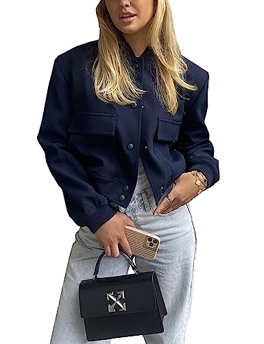 Lumister Women's Fashion Cropped Button Down Lightweight Cropped Bomber Jacket Varsity Shacket with Side Pockets(0605-DarkBlue-M) - Image 1