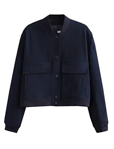 Lumister Women's Fashion Cropped Button Down Lightweight Cropped Bomber Jacket Varsity Shacket with Side Pockets(0605-DarkBlue-M) - Image 4