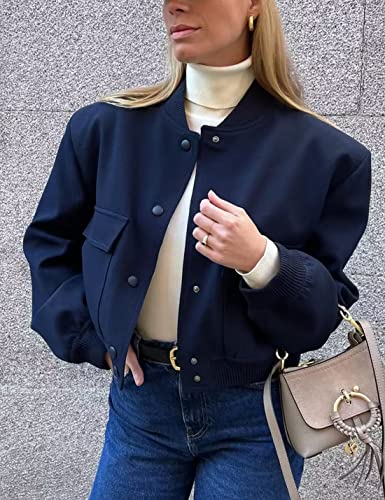 Lumister Women's Fashion Cropped Button Down Lightweight Cropped Bomber Jacket Varsity Shacket with Side Pockets(0605-DarkBlue-M) - Image 3