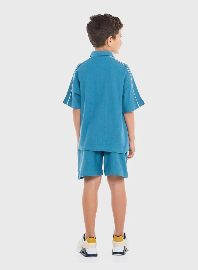 فكتور اند جين Victor And Jane Boys Piping Textured Knit Polo T-Shirt and Shorts Set