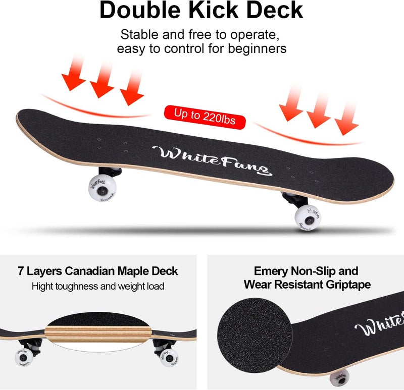 WhiteFang Skateboards for Beginners, Complete Skateboard 31 x 7.88, 7 Layer Canadian Maple Double Kick Concave Standard and Tricks Skateboards for Kids and Beginners - Image 3