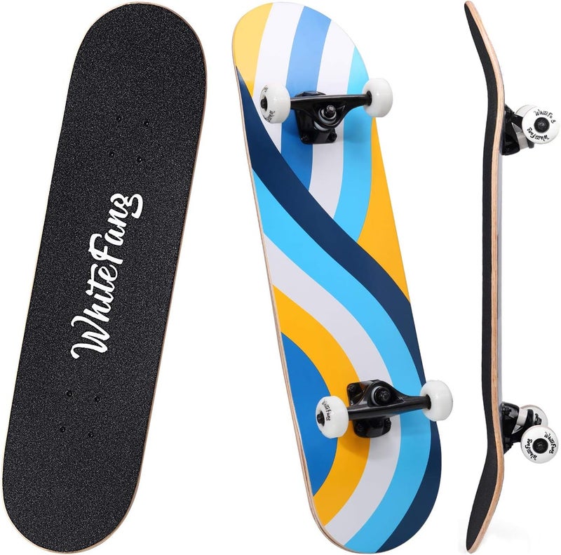 WhiteFang Skateboards for Beginners, Complete Skateboard 31 x 7.88, 7 Layer Canadian Maple Double Kick Concave Standard and Tricks Skateboards for Kids and Beginners - Image 1