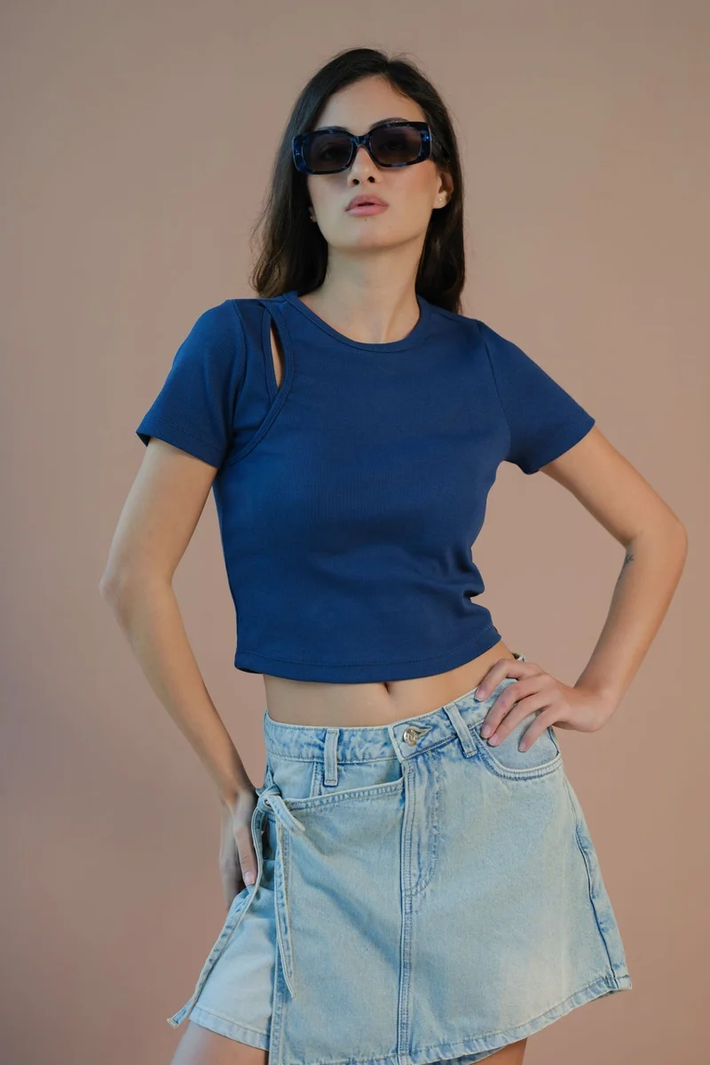 Virgio VIRGIO Cotton Stretch Black Cutout Ribbed Top