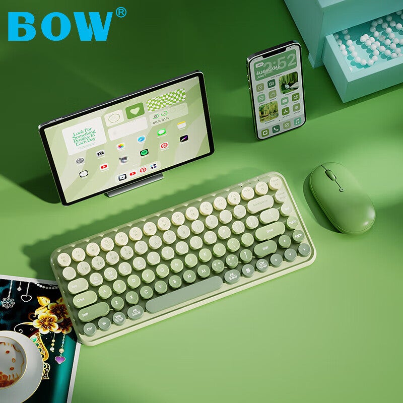 B.O.W Hangshi K608DL Tri-Mode Wired Bluetooth Wireless Charging Keyboard Quiet Ultra-Thin Office Home Mobile IPad Tablet Laptop Keyboard Matcha Green Gradient - Image 3