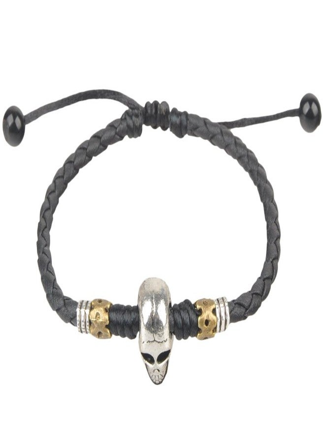 Skull Anklet Bracelet - Braided Black Leather Cord with Silver Skull and Beads, 9” Adjustable Gothic Punk Style Jewelry