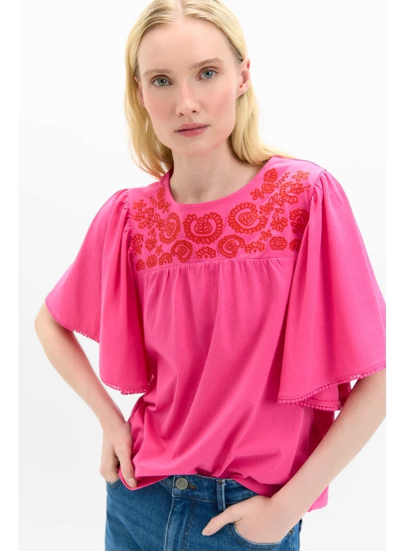CORTEFIEL Women's Pink Embroidered Yoke Flared Sleeve 100% Cotton Top - Image 4
