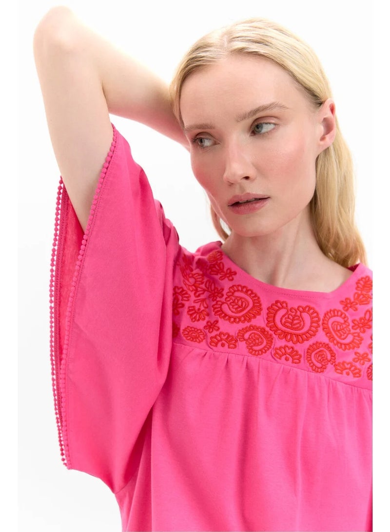 CORTEFIEL Women's Pink Embroidered Yoke Flared Sleeve 100% Cotton Top - Image 3