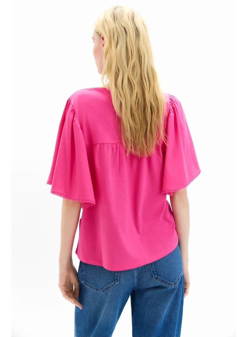 CORTEFIEL Women's Pink Embroidered Yoke Flared Sleeve 100% Cotton Top - Image 2