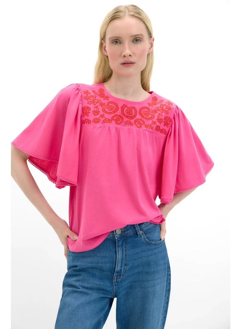 CORTEFIEL Women's Pink Embroidered Yoke Flared Sleeve 100% Cotton Top - Image 1