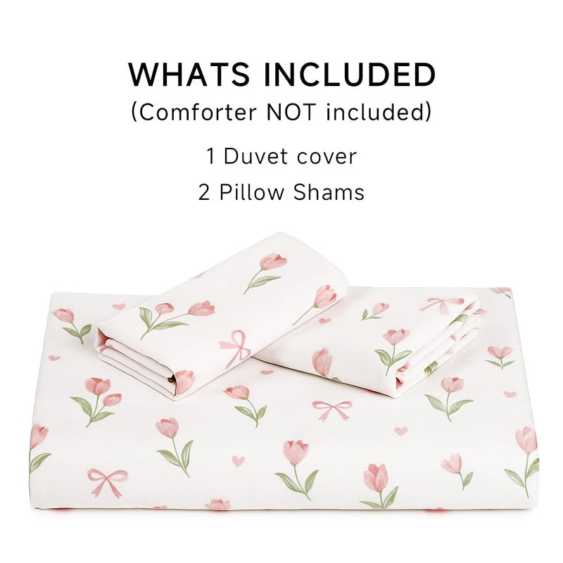 Erwinmu Floral Duvet Cover Set Queen Size,Pink Tulip Bow Ties Reversible Bedding Set with Heart Pattern for Girls Kids,Romantic Microfiber Comforter Cover 3Pcs with Zipper Closure and 2 Pillowcases - Image 4