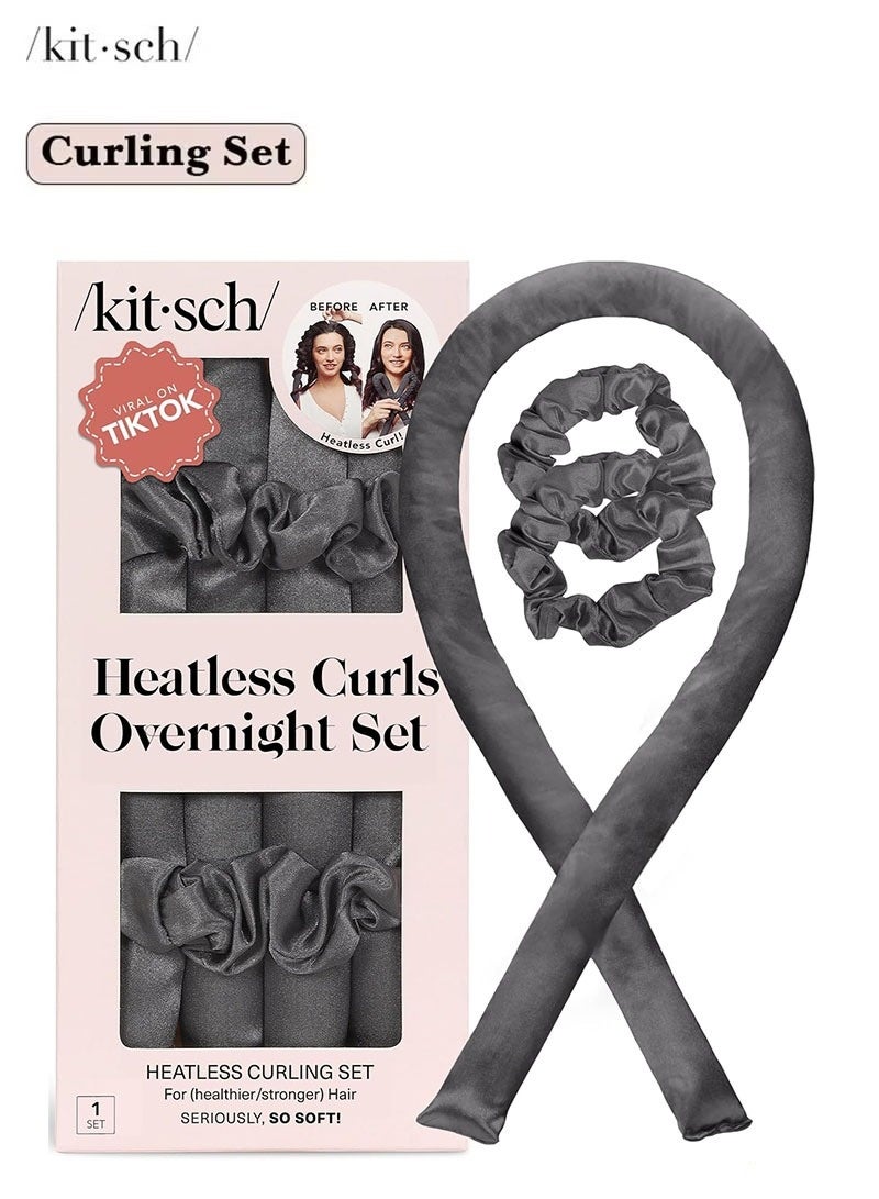 Kitsch Satin Heatless Curling Set, No Heat Hair Rollers for Effortless Overnight Curls, Includes Curling Rod and Satin Scrunchies in Black - Image 1