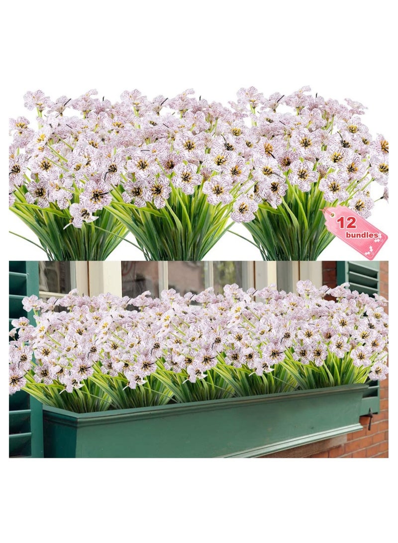 Excefore 12 Bundles Artificial Flowers Outdoor UV Resistant Fake Flowers No Fade Plastic Plants Greenery Shrubs Garden Porch Window Box Decorating, Faux Violet Flower (White) - Image 5
