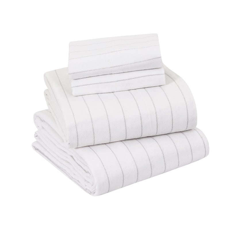 Sleepdown 100% Cotton Flannel Sheets Twin - Super Soft  Heavyweight  Double Brushed  Anti-Pill Flannel Twin Sheets - 16"" Deep Pocket Twin Fitted Sheets X2 Side Pockets (Twin  White Pin Stripe) - Image 1