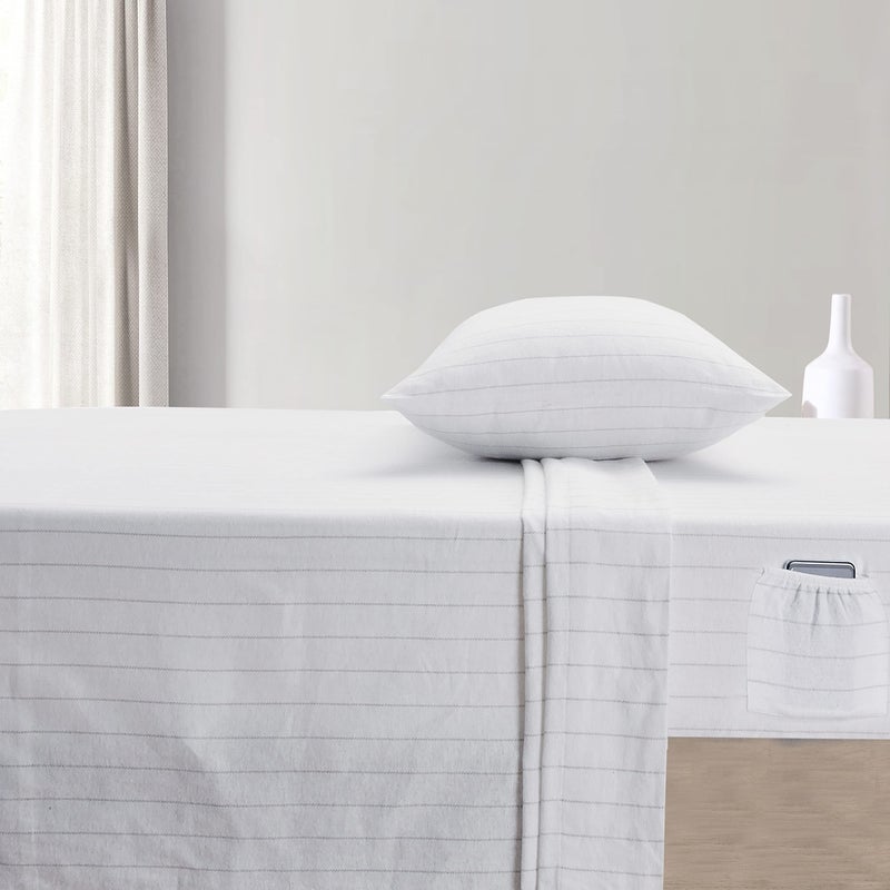 Sleepdown 100% Cotton Flannel Sheets Twin - Super Soft  Heavyweight  Double Brushed  Anti-Pill Flannel Twin Sheets - 16"" Deep Pocket Twin Fitted Sheets X2 Side Pockets (Twin  White Pin Stripe) - Image 5