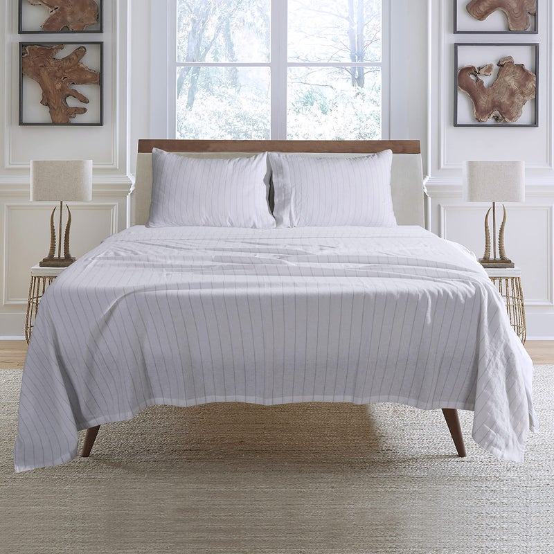 Sleepdown 100% Cotton Flannel Sheets Twin - Super Soft  Heavyweight  Double Brushed  Anti-Pill Flannel Twin Sheets - 16"" Deep Pocket Twin Fitted Sheets X2 Side Pockets (Twin  White Pin Stripe) - Image 2