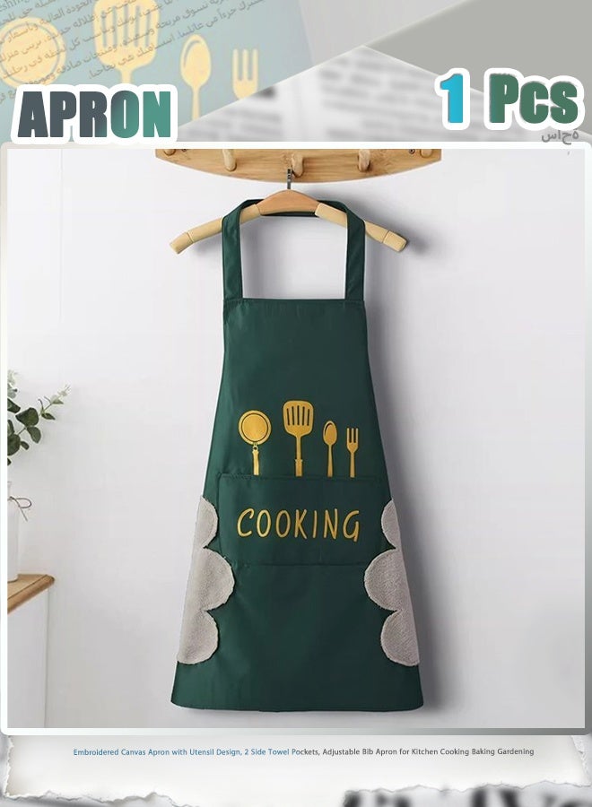 Embroidered Canvas Apron with Utensil Design, 2 Side Towel Pockets, Adjustable Bib Apron for Kitchen Cooking Baking Gardening - Image 1