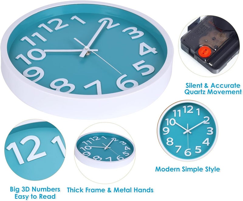 Crosstime 10 Inch Wall Clock Silent Non-Ticking, Big Numbers Easy to Read,Battery Operated Round Quartz Analog Clock for Kitchen Bathroom Classroom Kids Bedroom Wall Decor,Coastal Beach Theme (Aqua) - Image 3