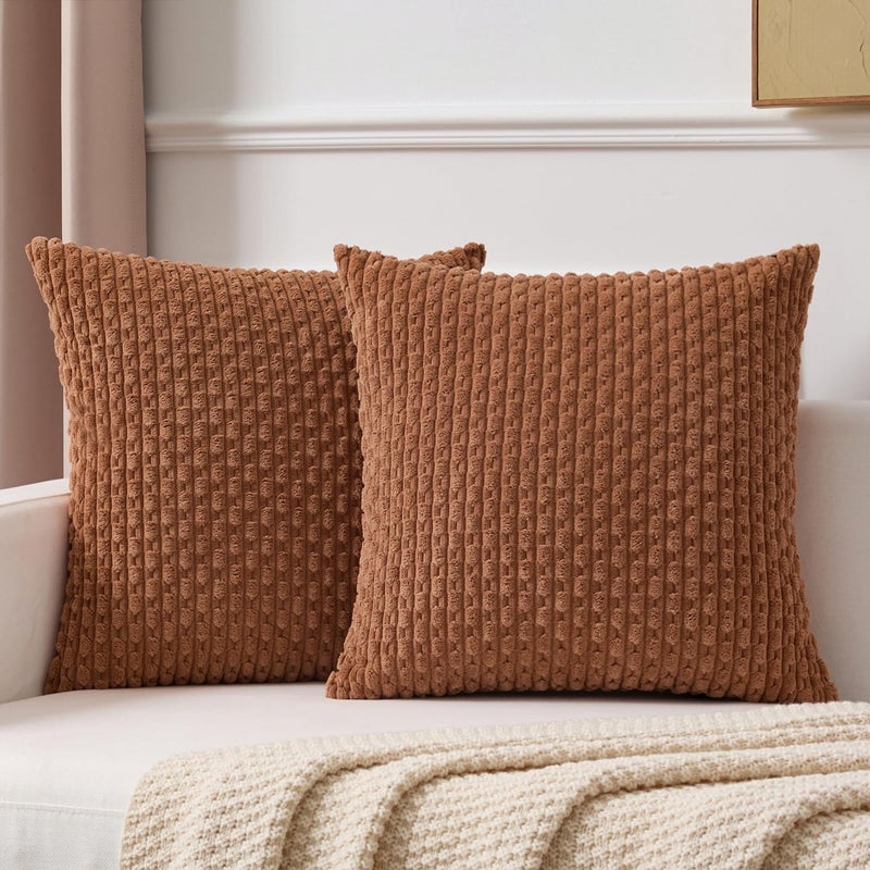 K KEVIN TEXTILE Kevin Textile Fall Decorative Pillow Covers Set of 2 Striped Plush Corduroy Pillows Pillowcases Boho Home Decor Cushion Covers for Couch Sofa Bed Living Room 18x18 Inch Burnt Orange - Image 2