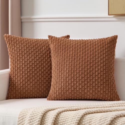 K KEVIN TEXTILE Kevin Textile Fall Decorative Pillow Covers Set of 2 Striped Plush Corduroy Pillows Pillowcases Boho Home Decor Cushion Covers for Couch Sofa Bed Living Room 18x18 Inch Burnt Orange - Image 1
