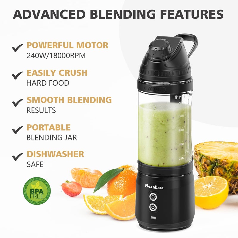 NexaEase Portable Personal Blender for Smoothies, Protein Shakes, Frozen Drinks - 24Oz Blender Cup Bottle with Sip Spout, Travel Lid, USB-C Rechargeable, Cordless - Mini Small Blenders for Kitchen, Gym, Office - Image 3