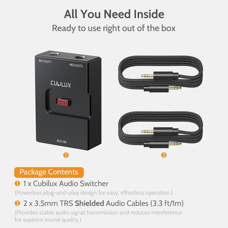 Cubilux 3.5mm Audio Selector, Bidirectional 2-In-1-Out or 1-In-2-Out 1/8-in TRS Headphone Switcher, Ultra-Compact Aluminum Case Passive Toggle A/B AUX Switch Box for PC - Image 5