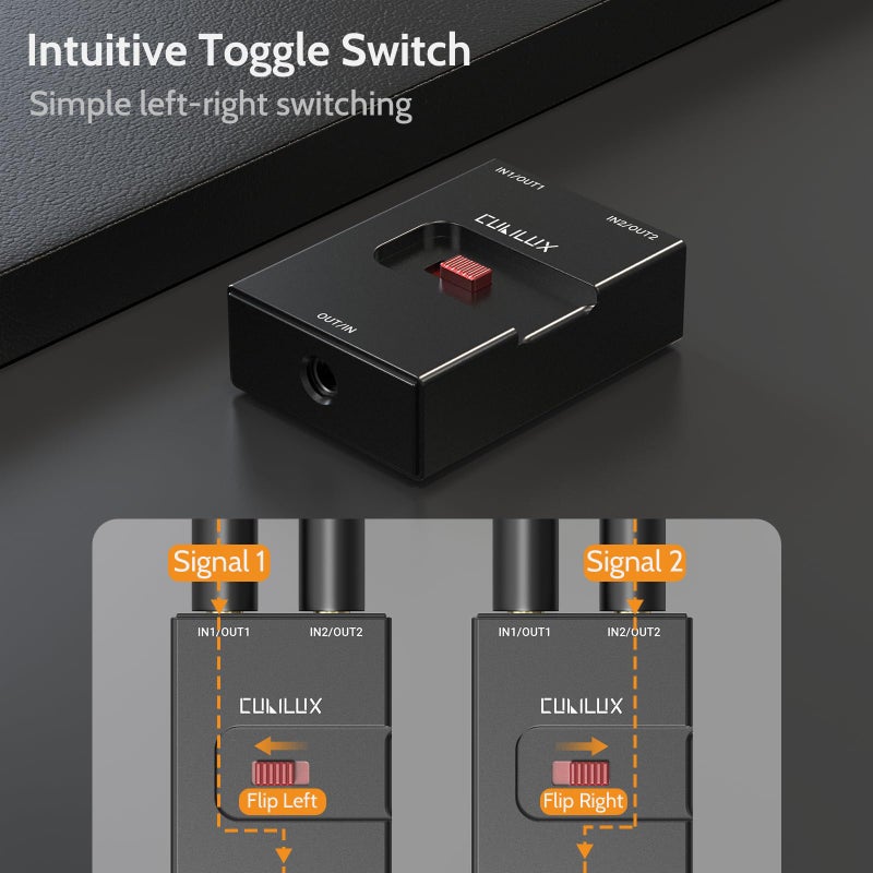 Cubilux 3.5mm Audio Selector, Bidirectional 2-In-1-Out or 1-In-2-Out 1/8-in TRS Headphone Switcher, Ultra-Compact Aluminum Case Passive Toggle A/B AUX Switch Box for PC - Image 2