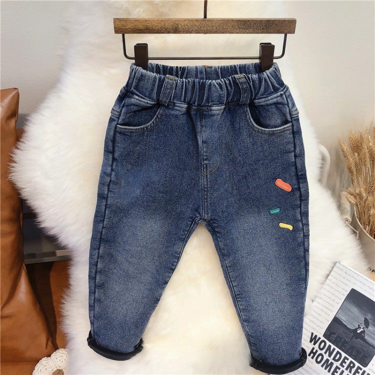 2021 New Children'S Korean Children'S Clothing Girls Fashion Pants Fashion Little Girl Plus Velvet Jeans - Image 1