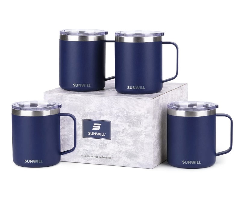 SUNWILL Travel Coffee Mugs Set of 4 Insulated Tumbler with Lid 14oz Stainless Steel Cup with Handle Bulk for Gift Camping Office Powder Coated Navy Blue