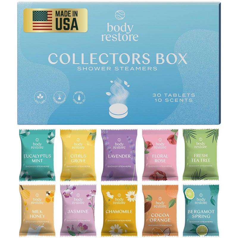 Body Restore Shower Steamers Aromatherapy 30 Pack - Christmas Stocking Stuffers for Men, Birthday Gifts for Women, White Elephant, Relaxation, Self Care - Collectorâ€™s Box - Image 1
