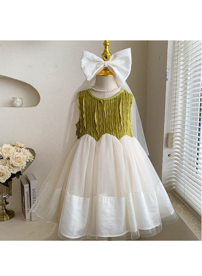 Olive Green Textured Bodice & White Tulle Princess Dress with Bow Veil for Toddler Girls, Perfect for Birthday Parties, Photo Shoots & Special Occasions, Fits Height 90–100 cm (2–3 Y, 12–15 kg), Soft Polyester  - Image 4