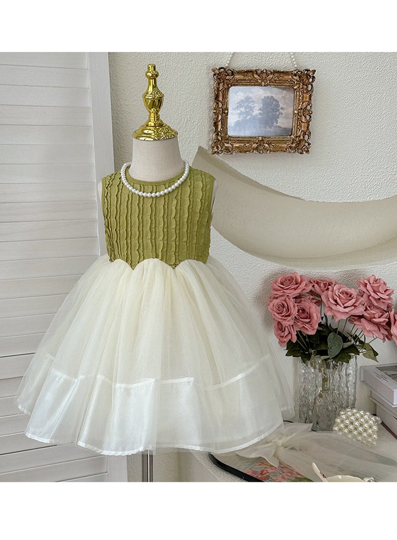 Olive Green Textured Bodice & White Tulle Princess Dress with Bow Veil for Toddler Girls, Perfect for Birthday Parties, Photo Shoots & Special Occasions, Fits Height 90–100 cm (2–3 Y, 12–15 kg), Soft Polyester  - Image 2