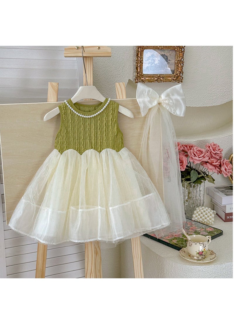 Olive Green Textured Bodice & White Tulle Princess Dress with Bow Veil for Toddler Girls, Perfect for Birthday Parties, Photo Shoots & Special Occasions, Fits Height 90–100 cm (2–3 Y, 12–15 kg), Soft Polyester  - Image 1