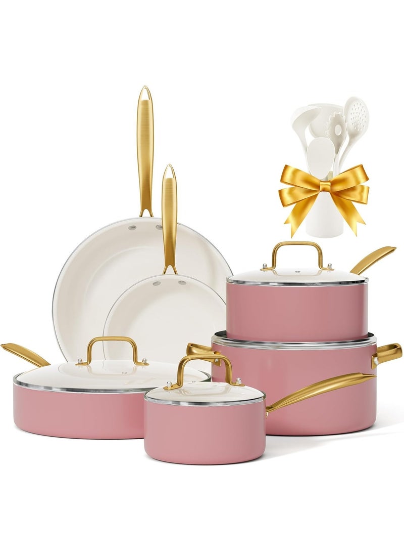 طقم قدور ومقالي غير لاصق - طقم أواني سيراميك مع أدوات الطبخ، طقم أواني مطبخ غير سام، قدور هولندية بغطاء، طقم قدور مع صحن للطهي، مقلاة للتقليب، طقم مقالي للقلي كهدية للطبخ - Image 1
