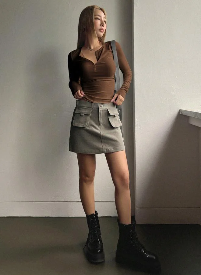 Take Two Brown Ribbed Long Sleeve Henley Top