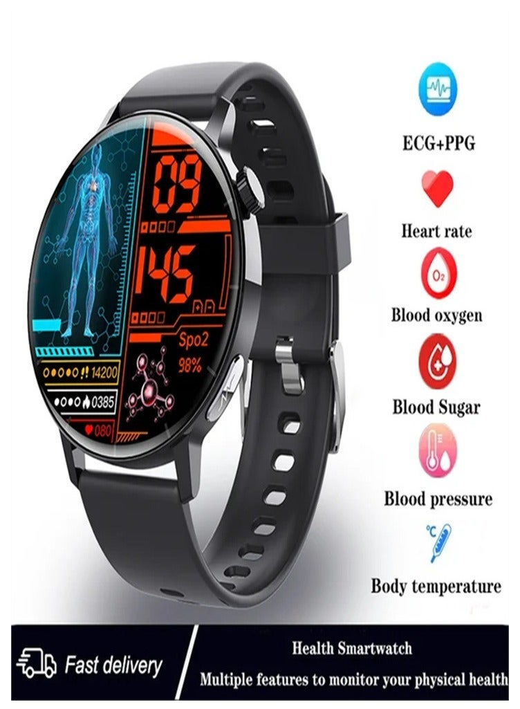 HD round screen smart watch IP67 waterproof, heart rate ECG electrocardiogram blood lipid uric acid monitoring health sports watch (three strap styles optional) 1pc - Image 1