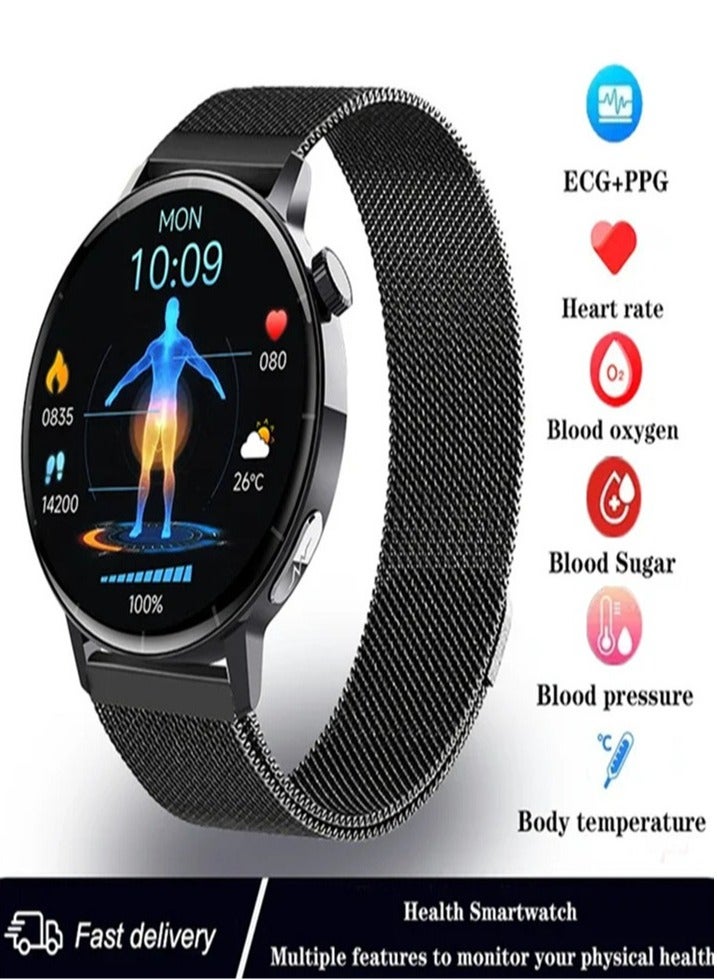 HD round screen smart watch IP67 waterproof, heart rate ECG electrocardiogram blood lipid uric acid monitoring health sports watch (three strap styles optional) 1pc - Image 2