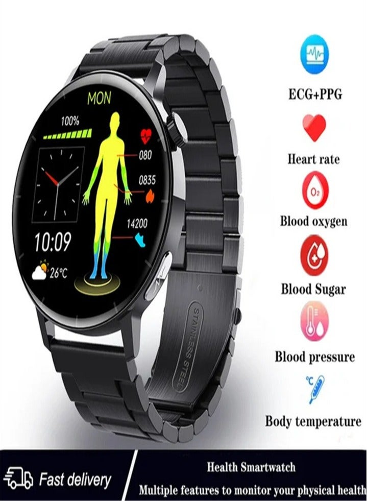 HD round screen smart watch IP67 waterproof, heart rate ECG electrocardiogram blood lipid uric acid monitoring health sports watch (three strap styles optional) 1pc - Image 3