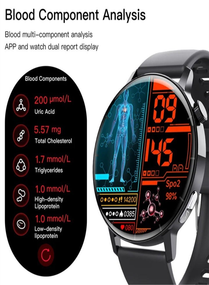 HD round screen smart watch IP67 waterproof, heart rate ECG electrocardiogram blood lipid uric acid monitoring health sports watch (three strap styles optional) 1pc - Image 4