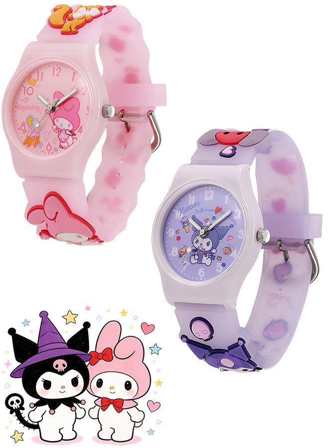 Sanrio 2 Pcs Cute Sanrio Kuromi My Melody Kids Analog Watch Set 3D Cartoon Silicone Strap Easy to Read Time Teaching Watch for Girls Daily Wear School Playdates Birthday Eid Gift Party Favor Favors - Image 1