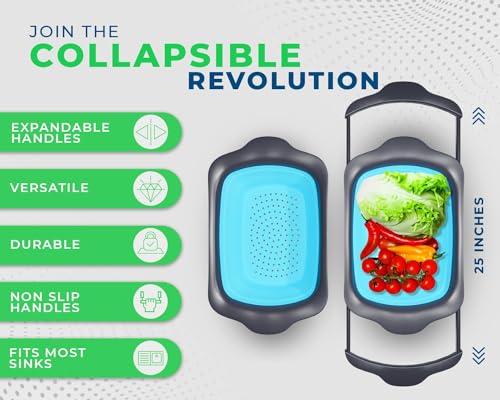Comfify مصفاة مطبخ كبيرة XL من كومفي - مصفاة سيليكون قابلة للطي فوق الحوض مع مقHandles قابلة للتوسيع - استخدمها مع المعكرونة والفواكه والتوت والخضروات - 6 كوارت - زرقاء - Image 2