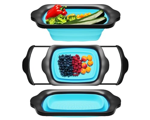 Comfify مصفاة مطبخ كبيرة XL من كومفي - مصفاة سيليكون قابلة للطي فوق الحوض مع مقHandles قابلة للتوسيع - استخدمها مع المعكرونة والفواكه والتوت والخضروات - 6 كوارت - زرقاء - Image 1