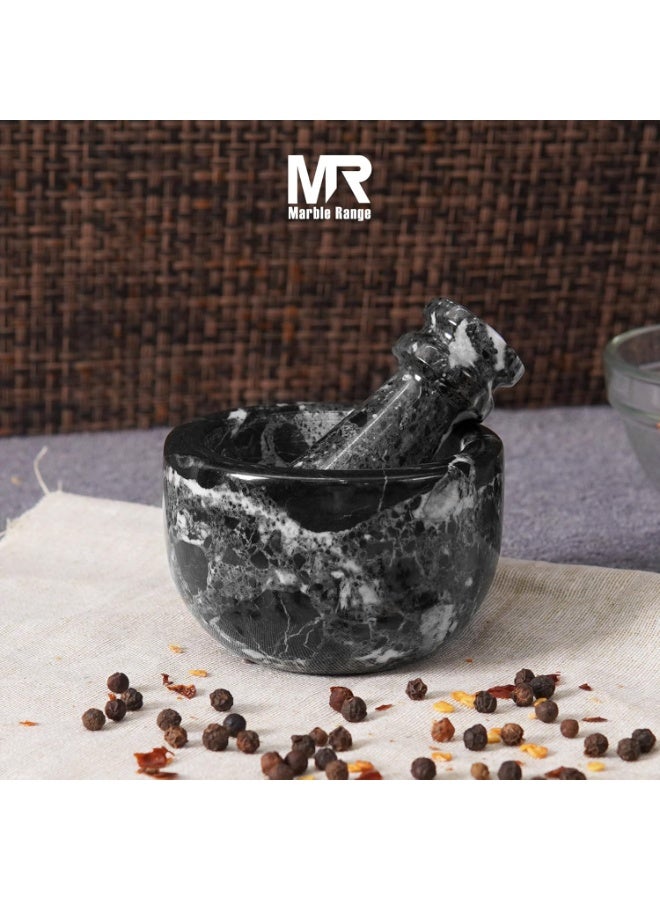 مجموعة الرخام طقم هاون ومدقة من الرخام الأسود مصنوع يدويًا، 2.5 بوصة، مع وعاء صغير لسحق الثوم وطحن الأعشاب، ومطحنة توابل للمطبخ، مثالي للطبخ، للاستخدام المنزلي، أو كهدية. - Image 3