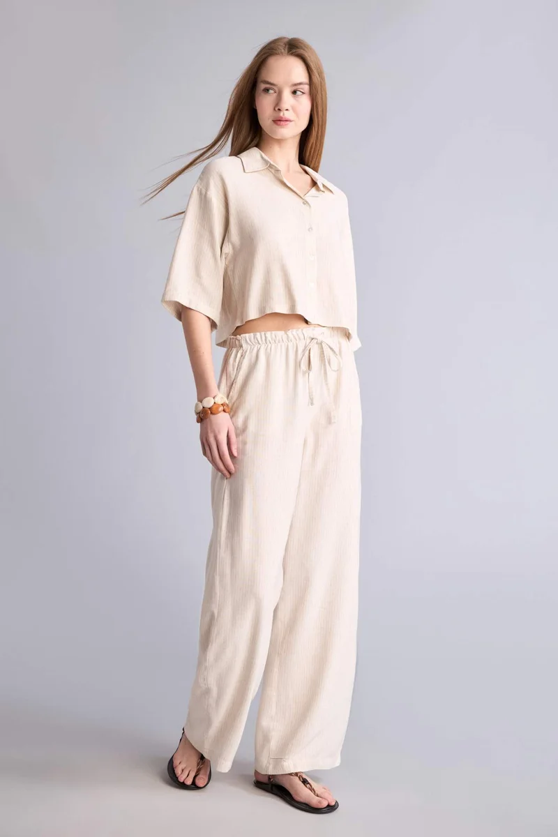 ديفاكتو Wide Leg Double Pocket Striped Linen Blended Trousers