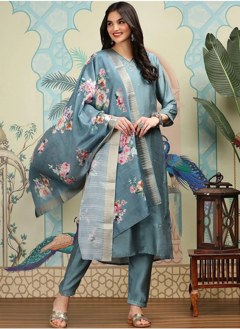 آي شين Women's Teal Polyester Blend Embellished Tunic Full Length Casual Straight Fit Kurta Set